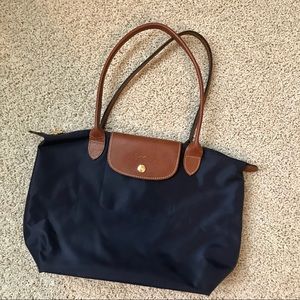 Medium Navy Blue Longchamp Le Pilage Brown Straps